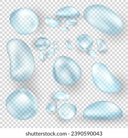 Set of realistic shiny pure water drops different shapes isolated on transparent background. Vector clear rain droplets, dew, aqua blobs or water bubbles. Condensation on the surface closeup