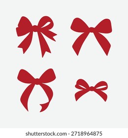 Set von realistischen glänzenden roten Satinband Bögen in verschiedenen Stilen und Formen für Geschenkverpackung, Weihnachten, Valentinstag, Geburtstag und Feiertagsdekoration. Isolierte Vektorgrafik.