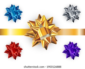 Set of realistic shiny vector bows isolated on white background. Golden, silver, purple, red, blue gift bows for cards, presentation, valentine's day, christmas and birthday illustrations. Top view.