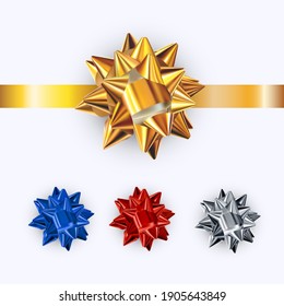 Set of realistic shiny vector bows isolated on white background. Golden, silver, red, blue gift bows for cards, presentation, valentine's day, christmas and birthday illustrations.