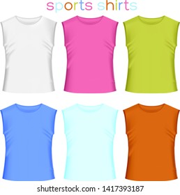 Set of realistic shirts in colors. Template mockup. Sport garment collection.