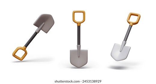 Set of realistic shovels in different positions. Vector tool for digging soil