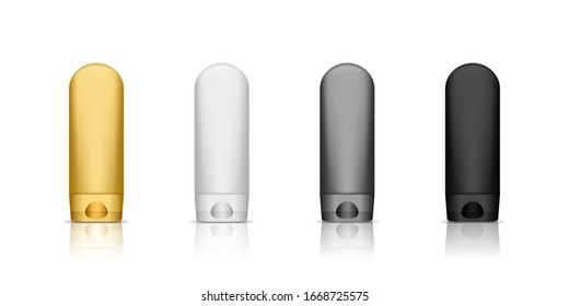 Set of realistic shower gel or conditioner blank bottles for packaging design. Product advertising. Vector 3d illustration. Container for cosmetic and hygiene mockup