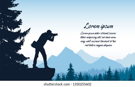 Set realistic silhouettes of male photographer standing on rock with camera. Mountain landscape with forest under blue sky, with space for text - vector