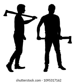 Conjunto de siluetas realistas del hombre - leñador con hacha - vector, aislado sobre fondo blanco