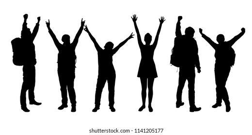 Set Of Realistic Silhouettes Of People Enjoying With Hands Up - Vector