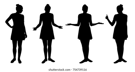 Set of realistic silhouettes of standing young women in different poses, isolated on white background - vector