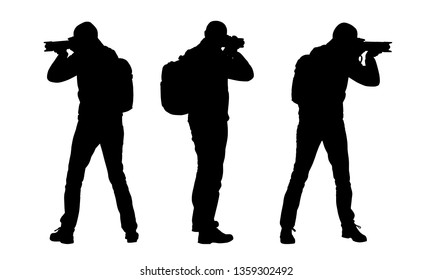 Set realistic silhouettes of tourist man with backpack and camera. Photographer isolated on white background - vector