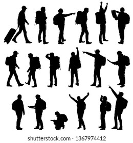 Set realistic silhouettes of tourists, men and women. Backpack on back, showing hands and rejoicing in success. - Vector