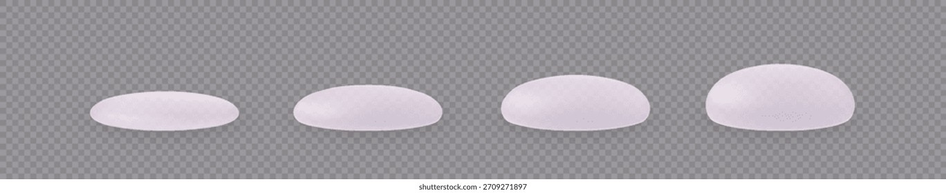 A set of realistic silicone breast implants of various sizes on an isolated transparent background. Plastic surgery, prosthesis, breast augmentation. Medical. Vector illustration.