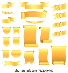 Set  of realistic silk golden vector ribbons, flags, banners. Golden curled ribbons on grey background