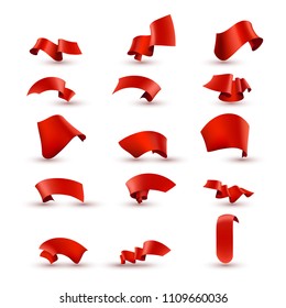 Set of realistic silk red vector ribbons, flags, banners. Vector illustration.