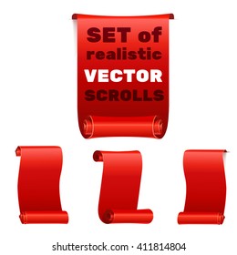 Set  of realistic silk red vector ribbons, flags, banners. Red curled ribbons with shadows on white background.
