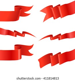 Set  of realistic silk red vector ribbons, flags, banners. Red curled ribbons on white background.