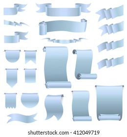 Set  of realistic silk silver vector ribbons, flags, banners. Silver curled ribbons on grey background