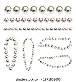 Set of realistic  silver chains. Luxury silver beads for keychain, necklace or bracelet isolated on white background. Line and oval shapes for your design. Vector illustration EPS10