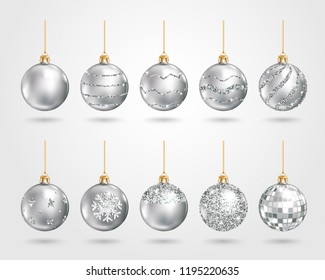 Set Of Realistic Silver Christmas Balls With Different Patterns Of Sequins. Vector Illustration