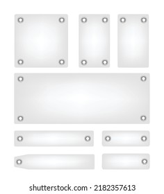 Set of realistic silver eyelets on white different tag, vector illustration isolated on white background. Templates for textile, label. Fashion design elements collection