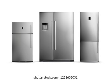 Set of realistic silver fridges of various size isolated on white background vector illustration