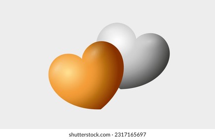 Set of realistic silver and gold 3d hearts isolated on white background.