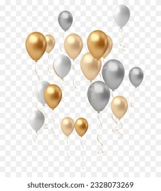 Set of realistic silver and gold balloons with ribbons. Vector illustration