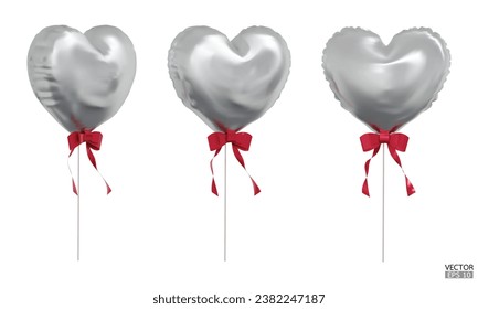 Set of realistic silver heart balloons with red rbbon isolated on background. Helium silver heart balloons clipart for anniversary, birthday, wedding, Christmas, card  party. 3D vector illustration