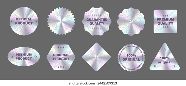 Set of realistic silver holographic stickers, quality emblems, labels, original product stamps, premium quality symbol of official product guarantee with different shapes. Vector illustration 