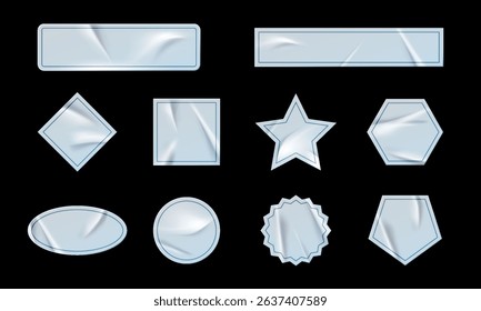 Set of realistic silver holographic stickers, labels, stamps. Abstract hologram emblems collection. Metallic chrome icons with folds.