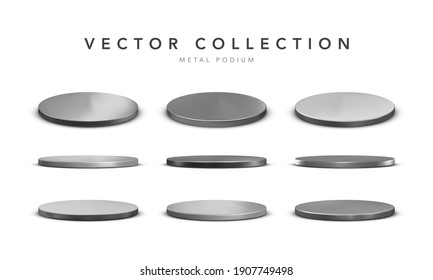 Set of realistic silver metal stage podium with shadow isolated on white background. Round winner pedestal. 3d empty platform. Vector illiustration