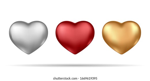 Set of realistic silver, red and gold 3d hearts isolated on white background.