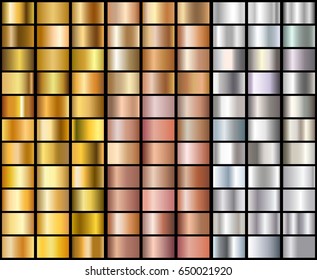 Set of Realistic silver, rose gold and golden gradients. Vector metal collection for border, frame, ribbon design