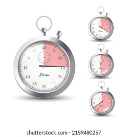 Set of realistic silver stopwatches with different measurements, pink scale, vector illustration. Glass reflections, ground shadows, numbers. Tool for sport competitions