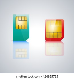 Set realistic SIM card with a mirror reflection, vector illustration.