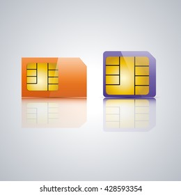Set realistic SIM card with a mirror reflection, vector illustration.