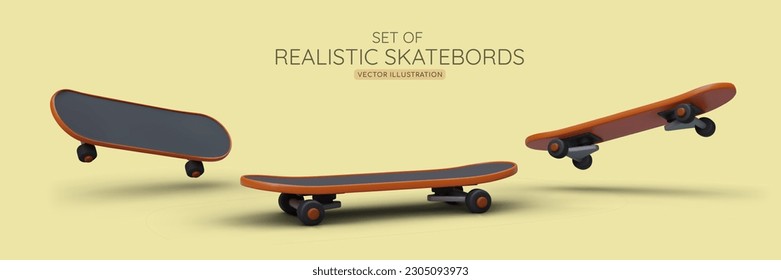 Set of realistic skateboards. 3D illustration with shadow. Skateboard from different sides. Drawing for promotion of active sports lifestyle. Image for advertising posters, web design