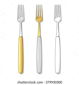 Set realistic sketch forks . Fork to create a design . Cutlery. Plugs handmade design. Gold and silver forks . Bright set of forks in sketch style .