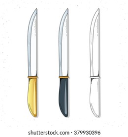 Set realistic sketch knives. Knives for design. Cutlery. Knives handmade design. Gold and silver knives. Bright set of knives in sketch style.