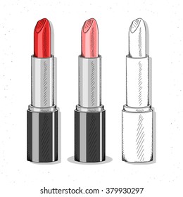 Set realistic sketch lipsticks. Women's cosmetics for design. Female cosmetic accessories. Lipstick handwork to create designs. Red lipstick and monochrome. Bright lipsticks set in sketch style.