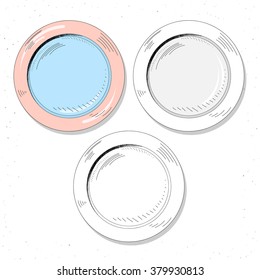 Set realistic sketch plates . Plates to create a design . Cutlery. Plates handmade design. Color and monochrome plates . Bright set of plates in sketch style .