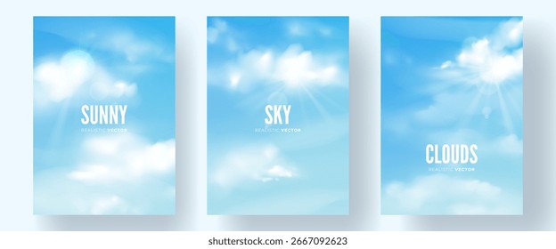 Conjunto de fondos de cielo realista. Luminosos y soleados paisajes celestes con suaves nubes blancas. Plantillas de Vector para la cubierta, cartel, Anuncio, volante, folleto.