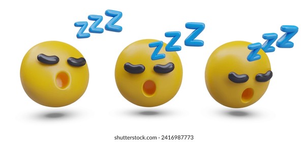 Set of realistic sleeping emoticons. Yellow head closed its eyes and snored. Comic character yawns. Time to sleep. Boring, uninteresting. Modern icons