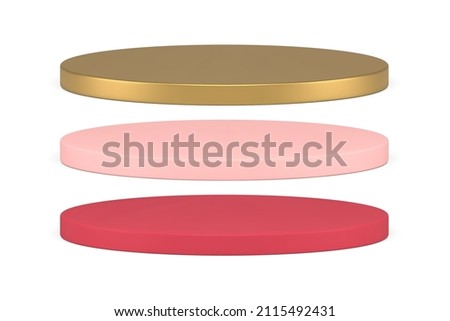 Set realistic slim cylinder museum podium pedestal for exhibition marketing advertising product 3d template vector illustration. Collection circle minimalist platform rounded basic foundation isolated