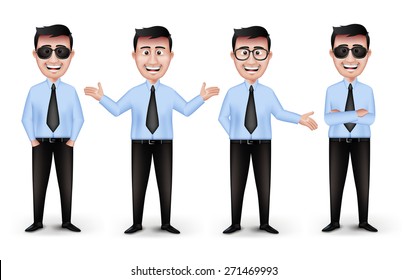 Set of Realistic Smart Different Professional and Business Man Characters with Eyeglasses in Long Sleeve and Necktie Holding Briefcase Isolated in White Background. Editable Vector Illustration