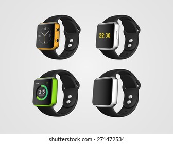 Set of the realistic smart fitness watches mockup on the white background