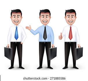 Set of Realistic Smart Professional and Business Man Characters Holding Briefcase in Long Sleeve and Necktie Isolated in White Background. Editable Vector Illustration