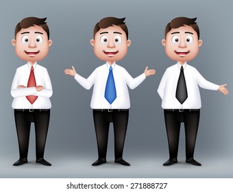 Set of Realistic Smart Professional and Business Man Characters Presenting in Long Sleeve and Necktie Isolated in White Background. Editable Vector Illustration