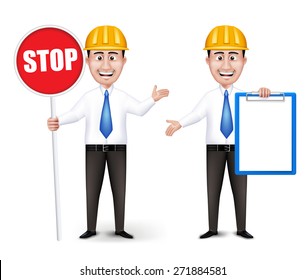 Set Of Realistic Smart Professional Man Characters Holding Stop Sign And Clip Board In Long Sleeve And Necktie Isolated In White Background. Editable Vector Illustration