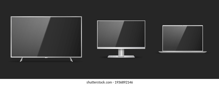 Set of realistic smart tv, computer monitor and laptop devices with empty screens on black background. Modern gadgets monitors mockups. Vector illustration