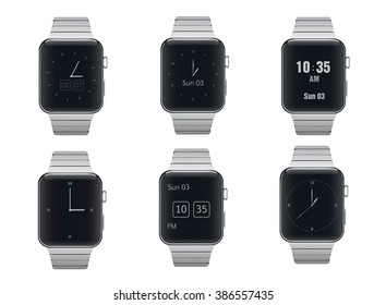 Set of realistic smart watches with different dials design isolated. Metal Smartwatch collection.