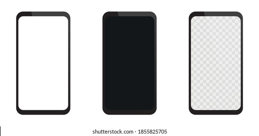Set of realistic smartphone with blank screen. White, black and transparent empty modern screens. Blank display mockup. Cellphone display template isolated on white background. Vector illustration.
